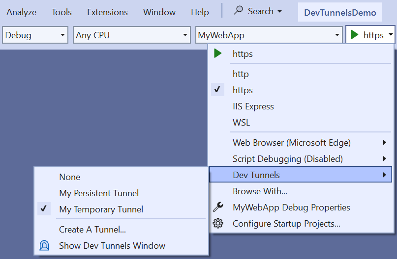 Debug dropdown showing active tunnel in Dev Tunnels flyout.