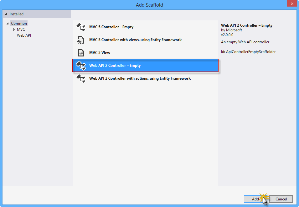 Selecting the Web API 2 Controller Empty template