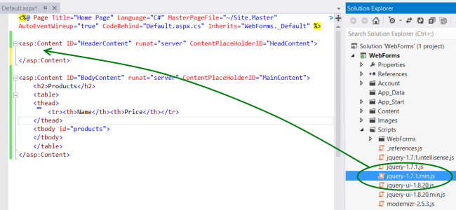 Screenshots of the solution explorer and code editor windows, using a green arrow to show where to drop the script in the code.