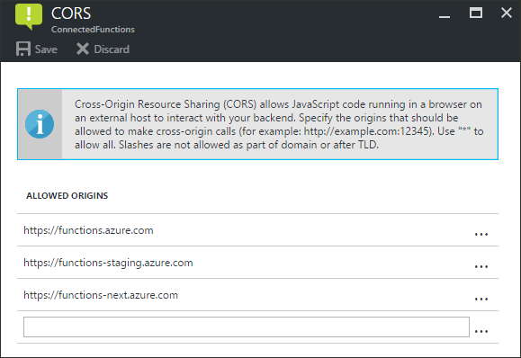 Screenshot that shows how to configure CORS list of your function app.