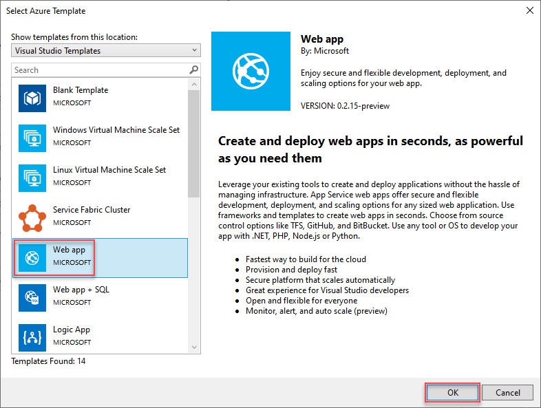 Screenshot of the template selection window with Web app template highlighted.