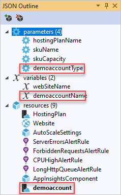 Screenshot of the JSON Outline window displaying the added Storage Account resource.