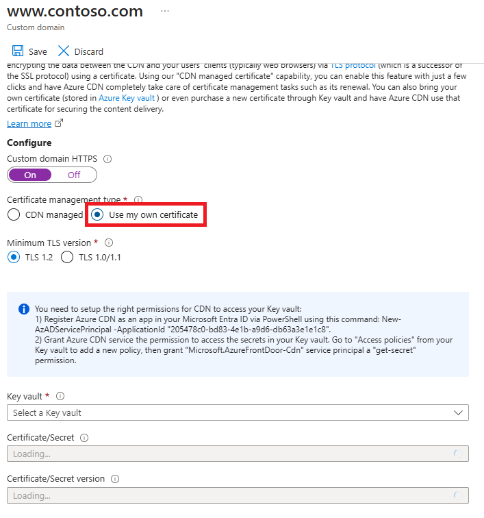 Screenshot of how to configure certificate for cdn endpoint.