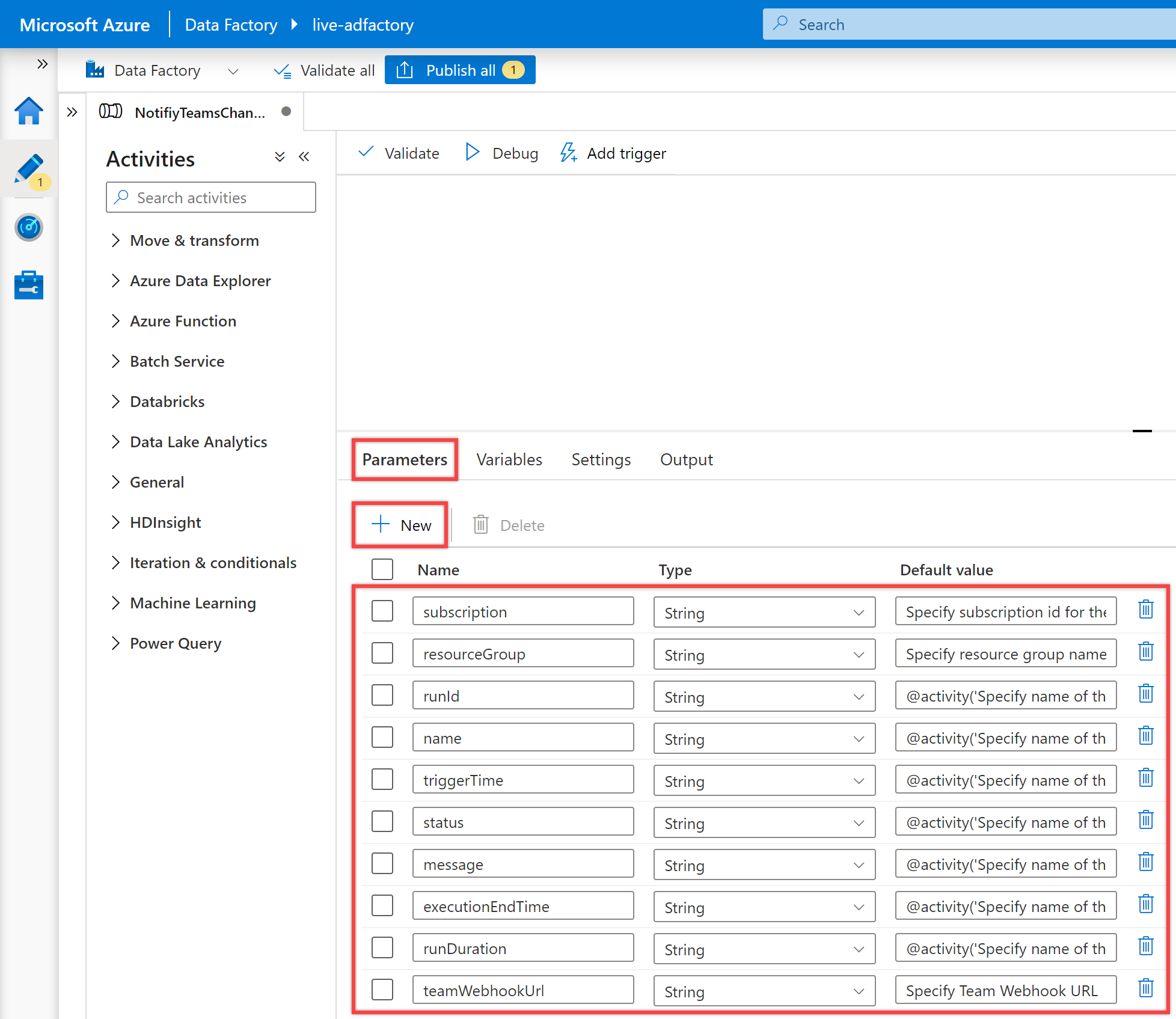 Shows the &quot;Pipeline parameters&quot;.