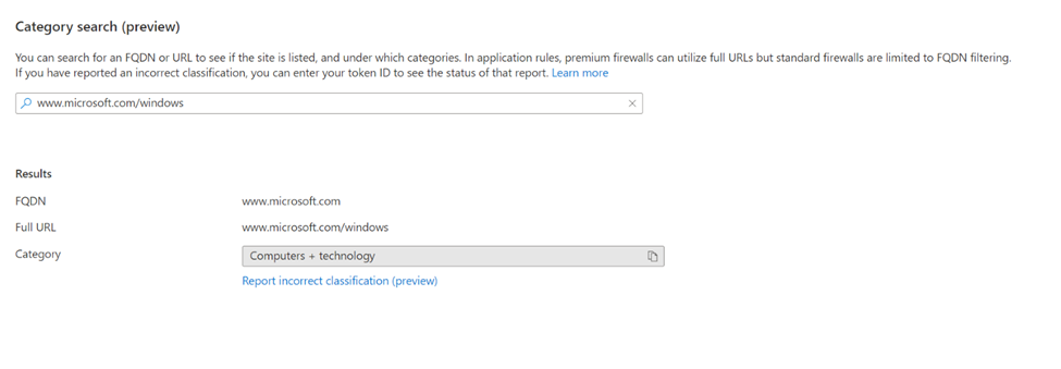 Firewall category search dialog