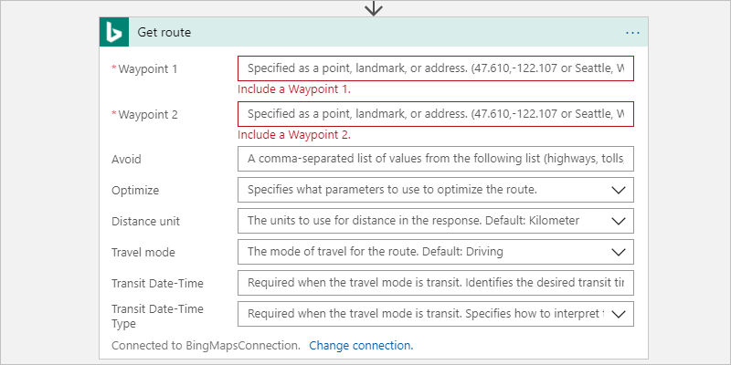 Set up "Bing Maps - Get route" action