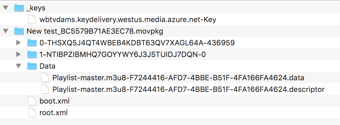 Screenshot that shows the offline file structure for the FairPlay iOS sample app.