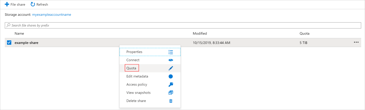 The Azure portal UI with Quota of existing file shares