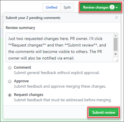 Submitting a review in GitHub.