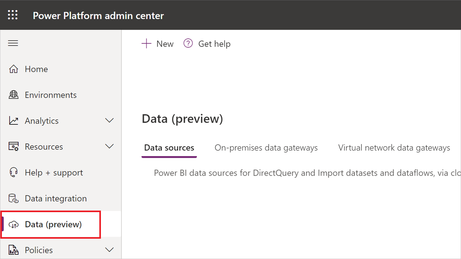 Screenshot of the Power Platform admin center with the Data (Preview) tab selected on the left side of the page.](media/manage-security-roles/admin-data-preview.png)