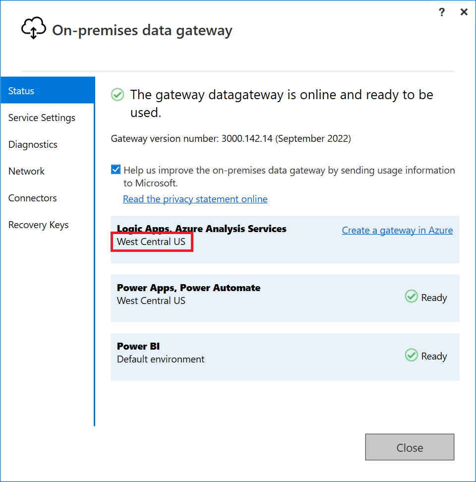 Screenshot of the on-premises data gateway Status tab open, with West Central US emphasized.