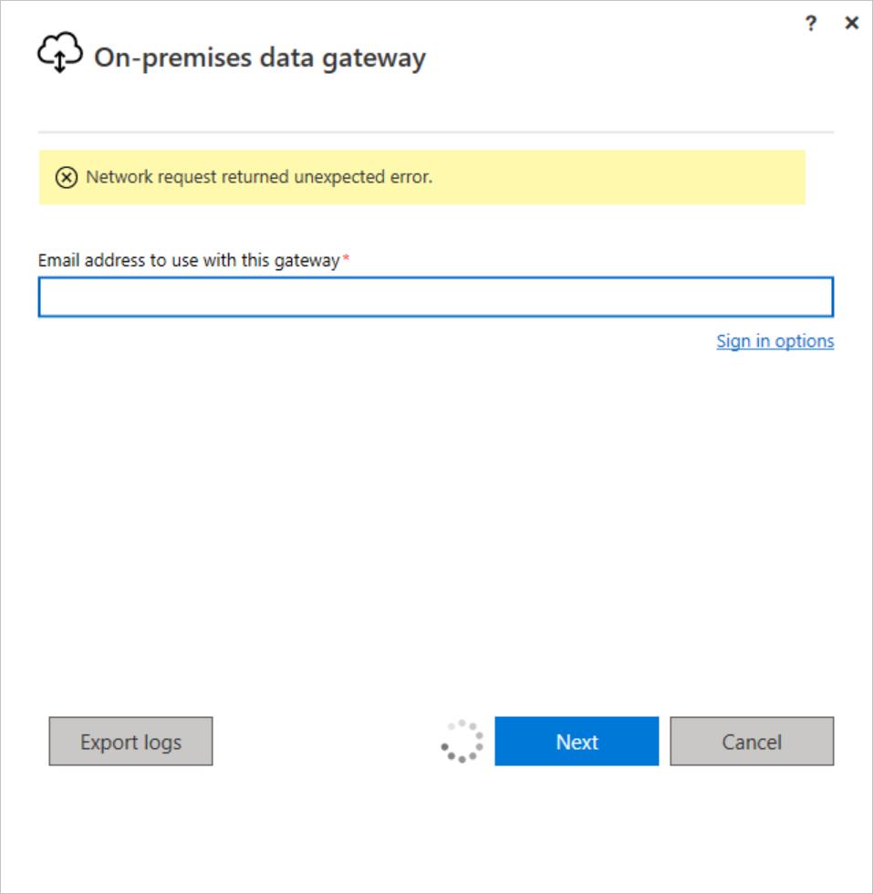 Gateway configurator network unpexted error.](media/service-gateway-tshoot/network-unexpected-error.png)