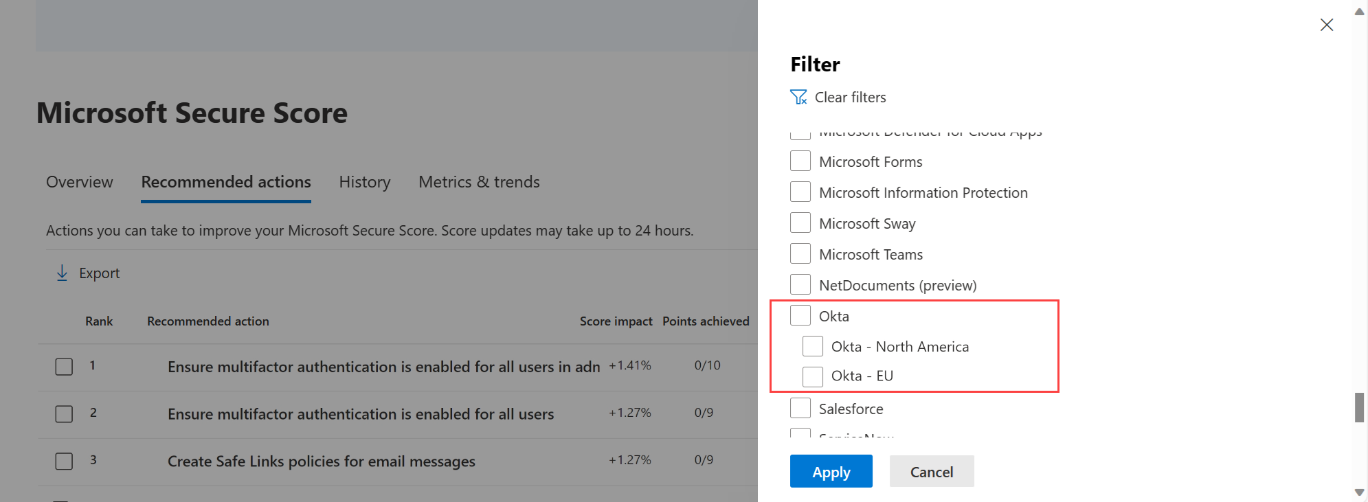 Screenshot of a Secure Score filter showing multiple instances of an app.