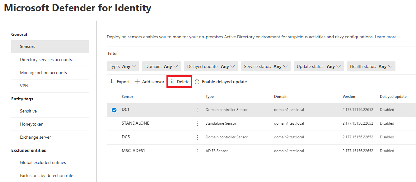 Delete orphaned Defender for Identity sensor from sensors page