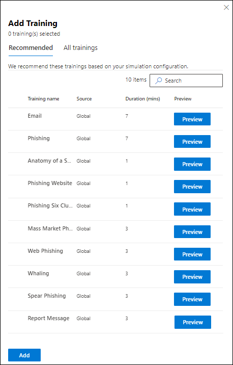 The option to add the recommended training on the Training assignment page in Attack simulation training in the Microsoft Defender portal