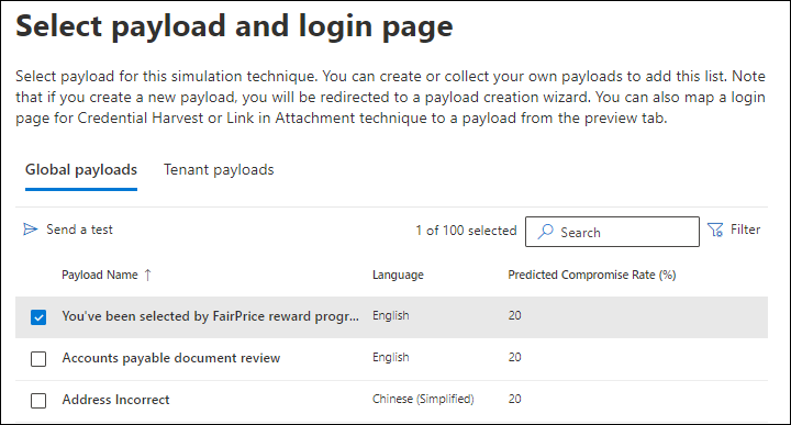 The Global payloads tab on the Select payload page with a payload selected and the Send a test action in Attack simulation training.