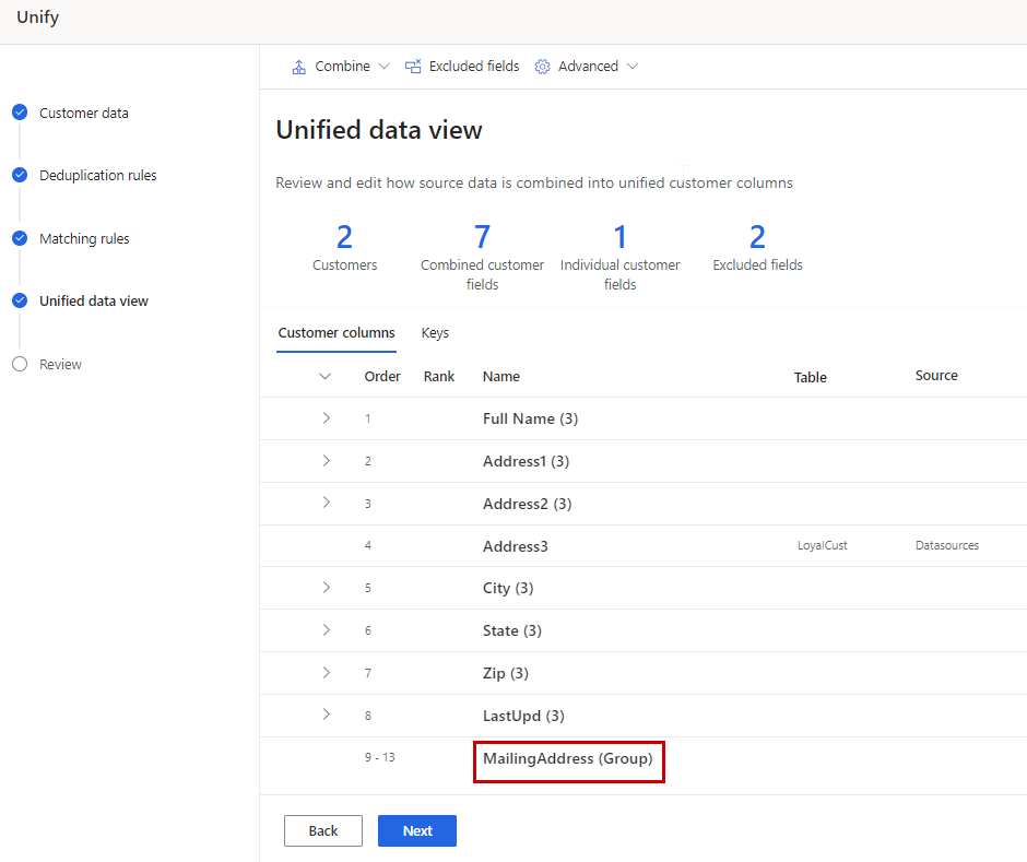 Unified data view page highlighting the combine group name.