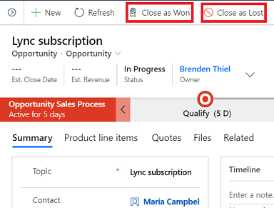 Screenshot of the Opportunity form with the closure options.