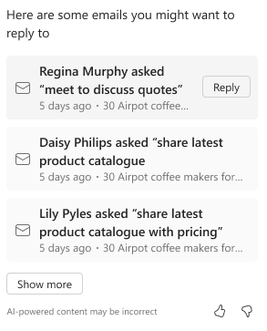 Screenshot of a list of unanswered emails in the Copilot chat pane.