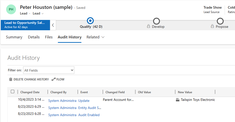 Screenshot of a lead's audit history.