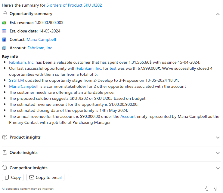 Screenshot of a Copilot opportunity summary.