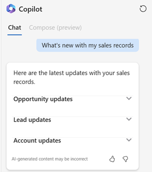 Screenshot of the Copilot response for What's new with my sales records.