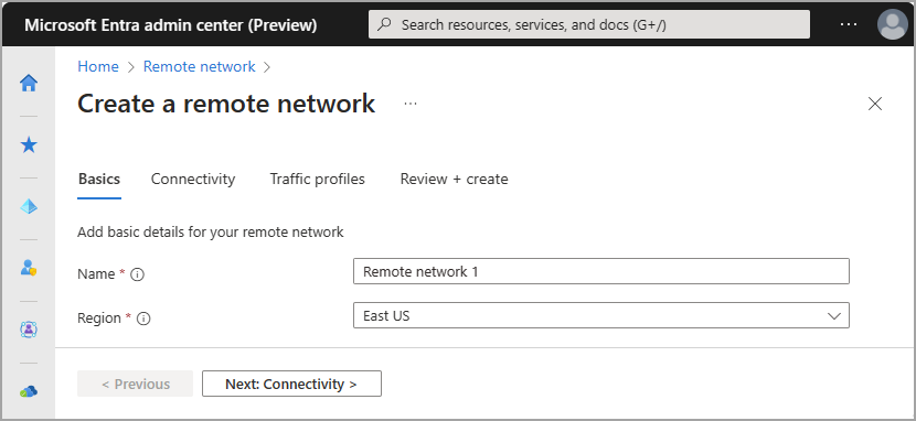 Screenshot of the basics tab of the create device link process.