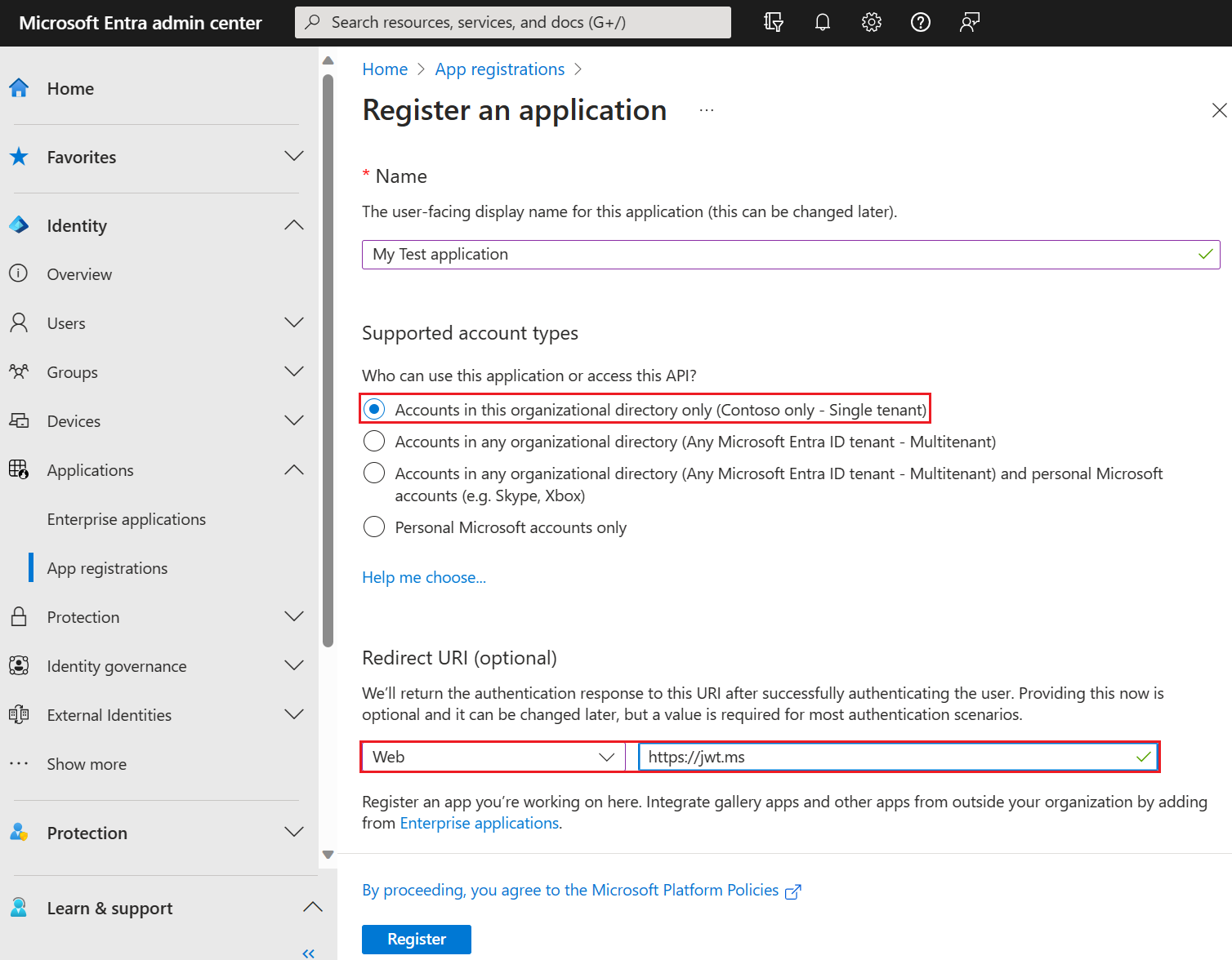 Screenshot that shows how to select the supported account type and redirect URI.