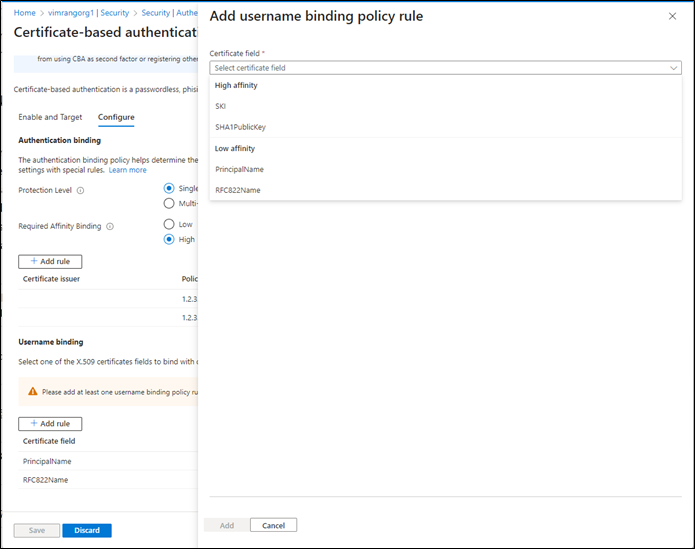 Screenshot of how to add an affinity binding.