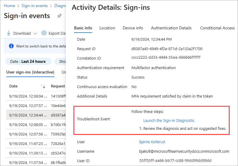 Screenshot showing how to launch sign-in diagnostics from Microsoft Entra ID.