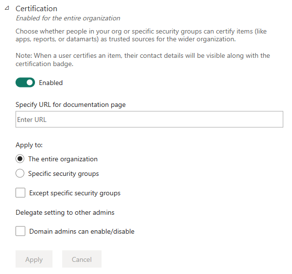 Screenshot of how to set up semantic model and dataflow certification.