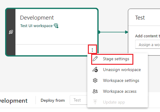 Screenshot showing the stage settings icon next to the name of the stage on the deployment pipelines page.