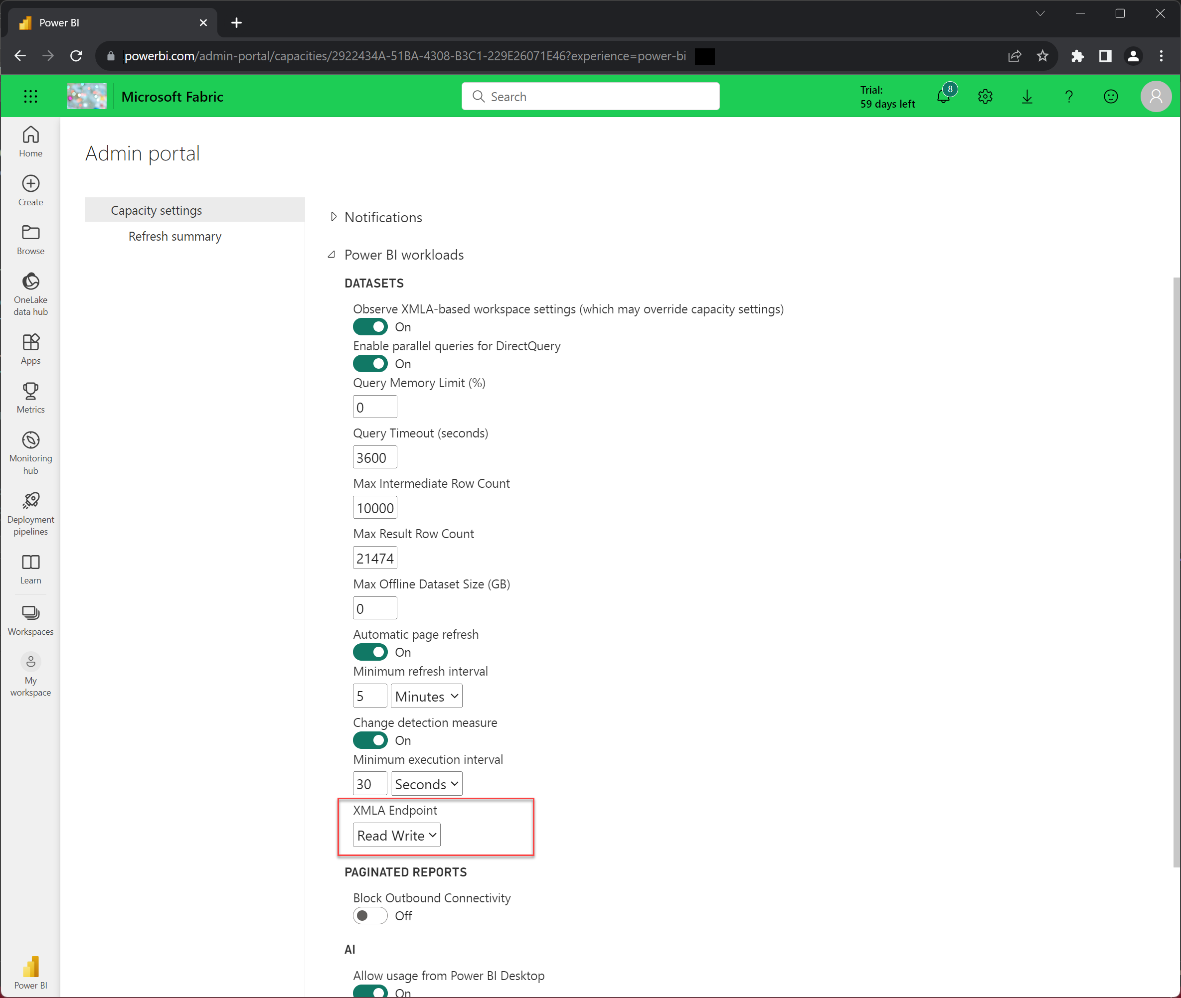 Screenshot of the XMLA Endpoint read-write setting for a Fabric trial capacity.