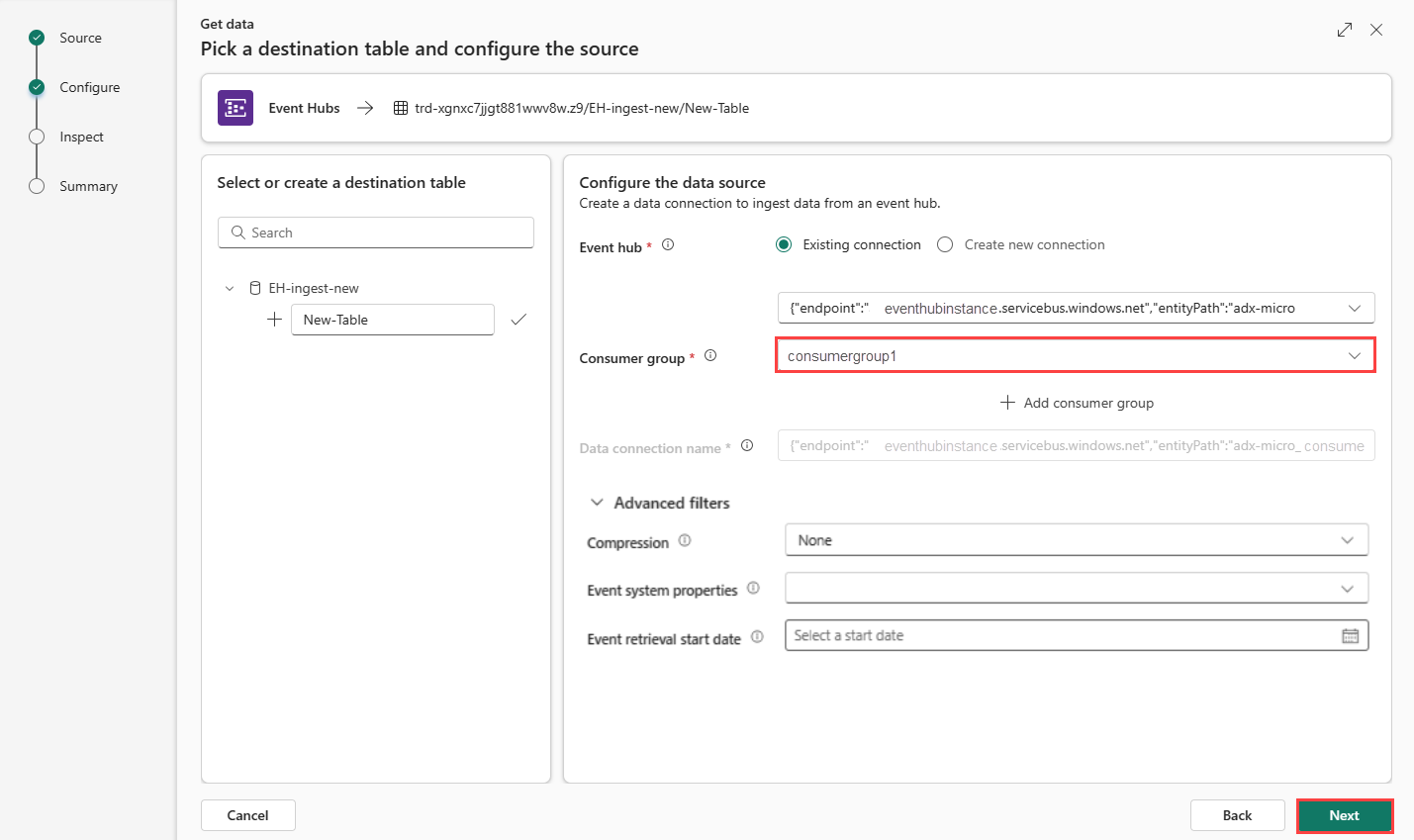 Screenshot of creating database connection.