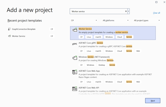 Screenshot of the Add a new project page with Worker service selected