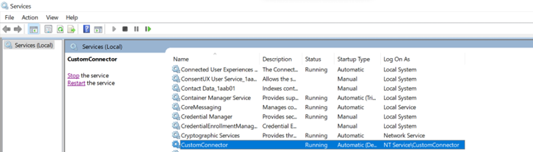 Screenshot of services.msc showing the CustomConnector running