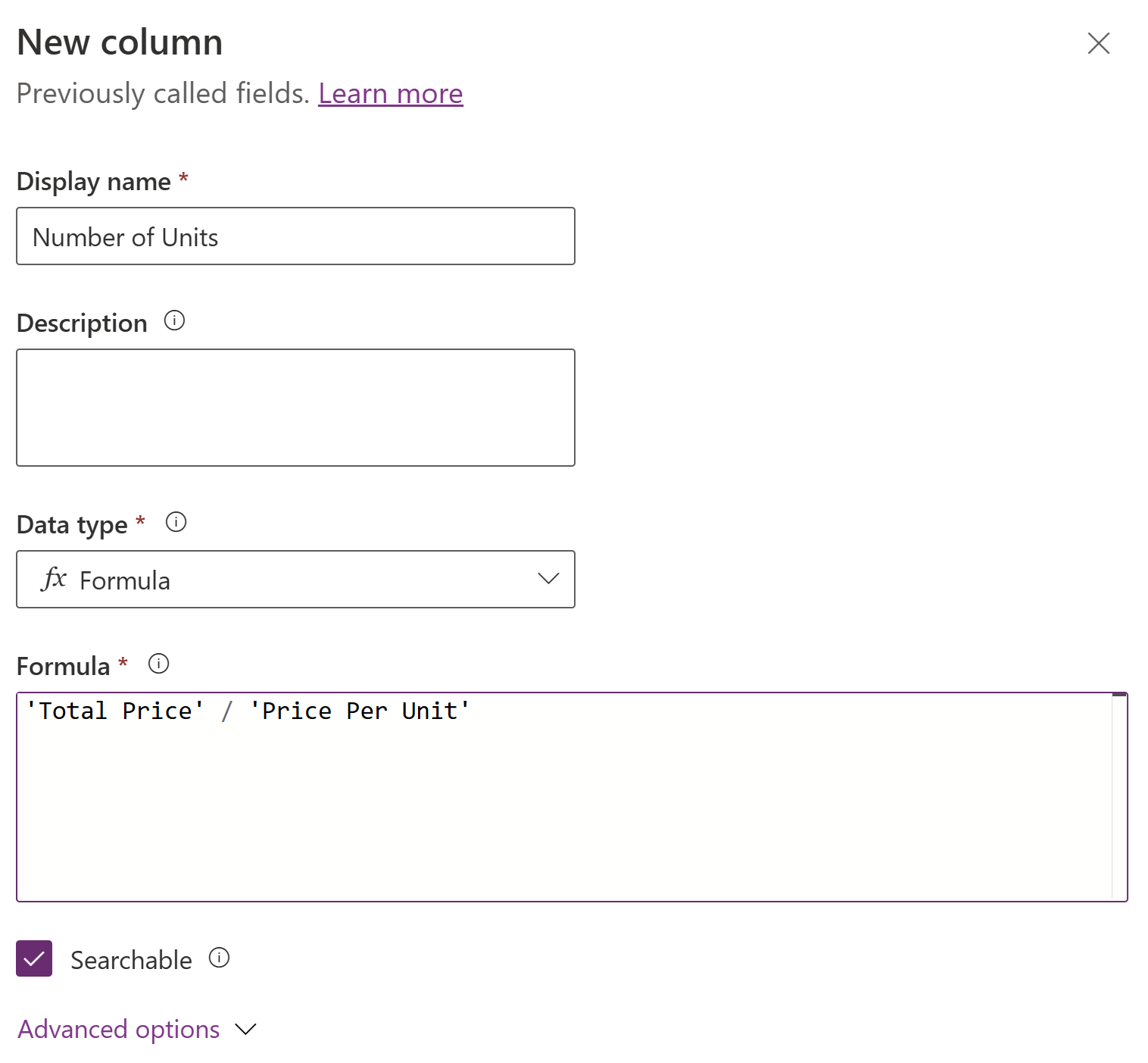 Screenshot of a create a new formula column pane for use with a whole number.