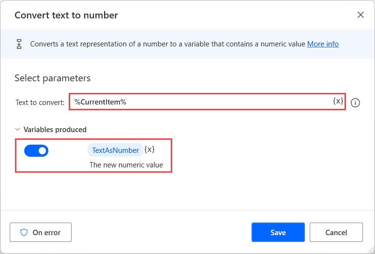 Screenshot of the Convert text to number action.