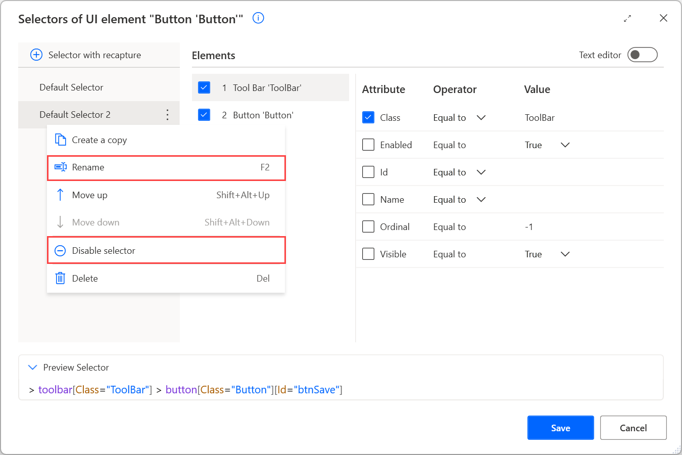 Screenshot of the rename and disable options for a selector.