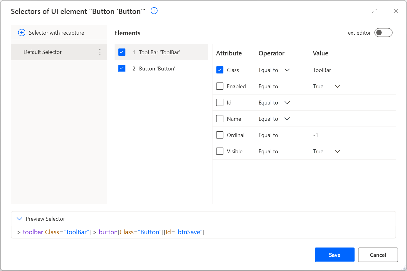 Screenshot of the visual selector builder.