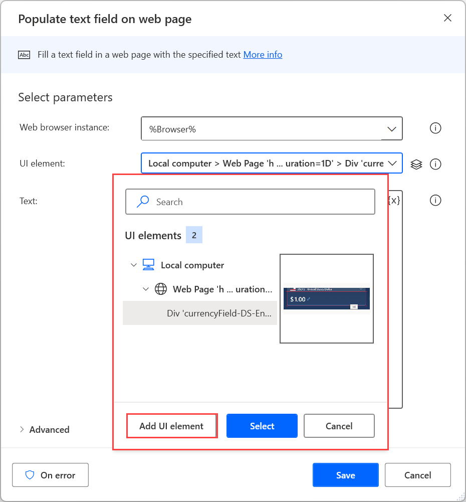 Screenshot of the available UI elements in the Populate text field on web page action.