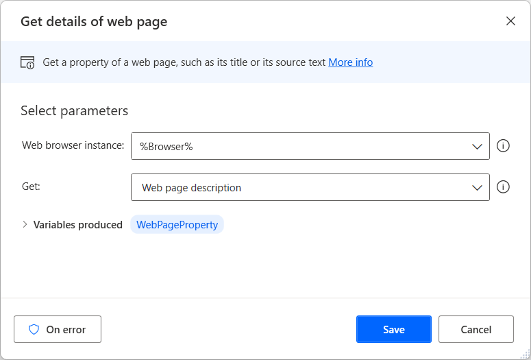 Screenshot of the Get details of web page action.