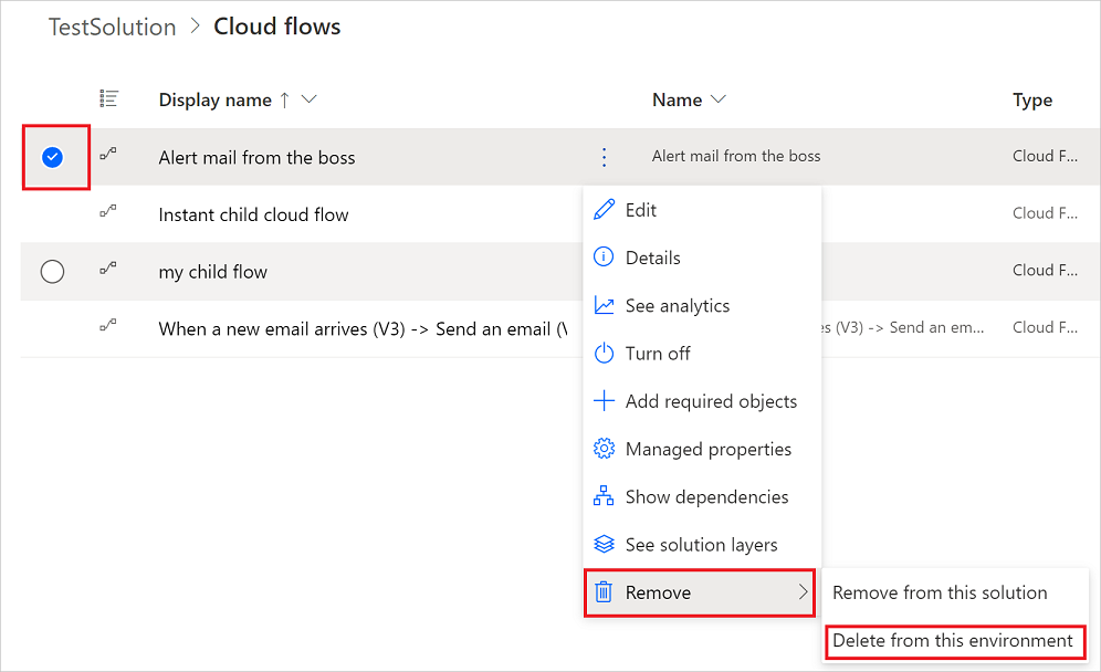 A screenshot that shows the option to delete a flow from an environment hightlighted.