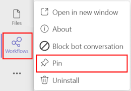 Screenshot of pinning the Workflows app in Teams.