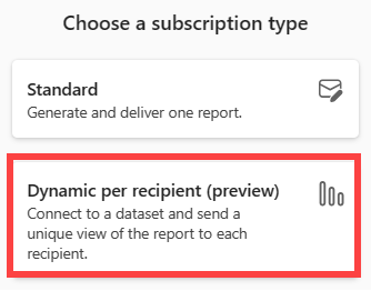 Screenshot of the Power BI service showing the New subscriptions screen and the option for Dynamic per recipient.