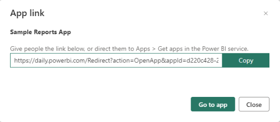Screenshot showing Copy the app link and Close.