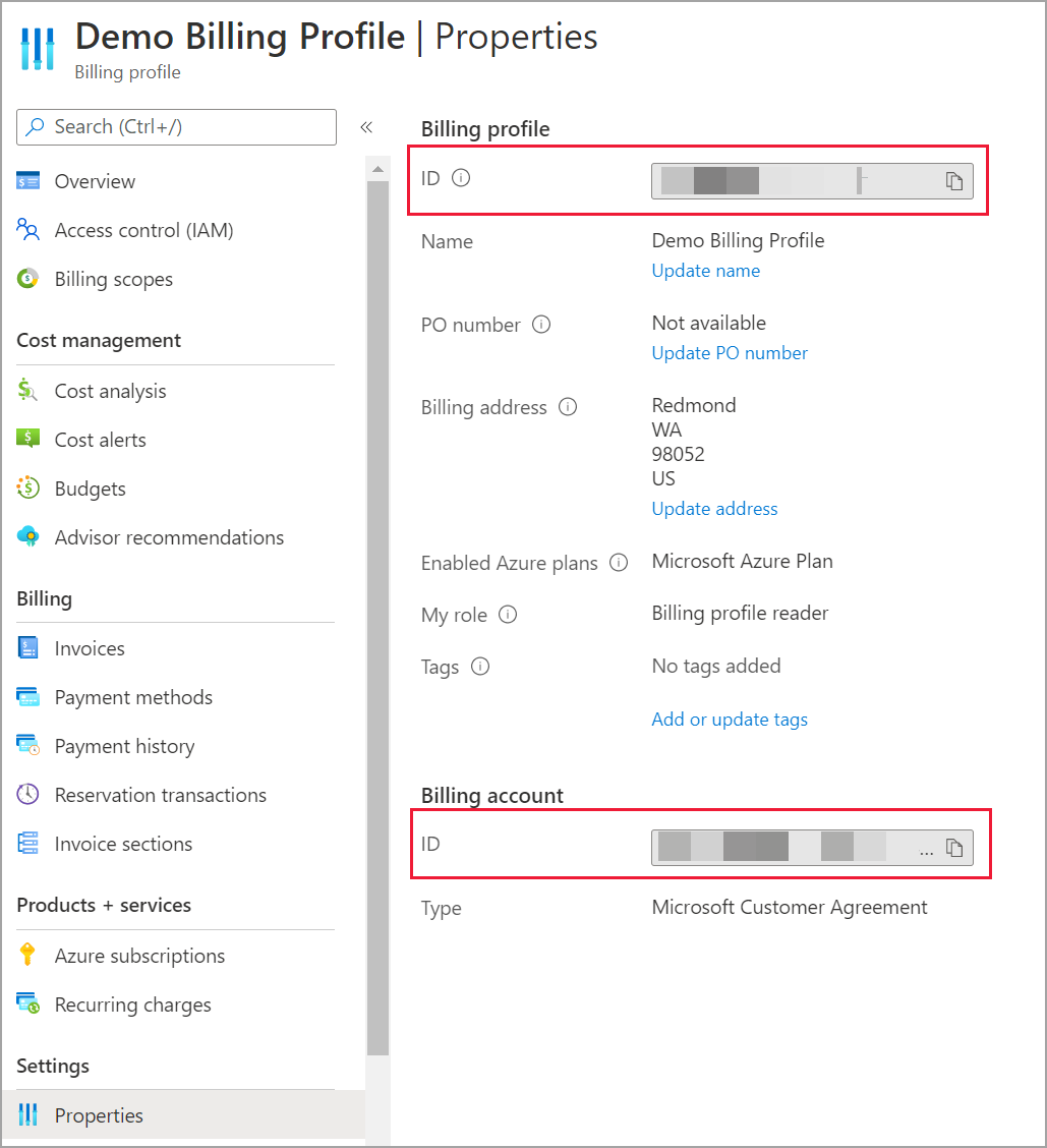 Screenshot of Microsoft Cost Management billing account information