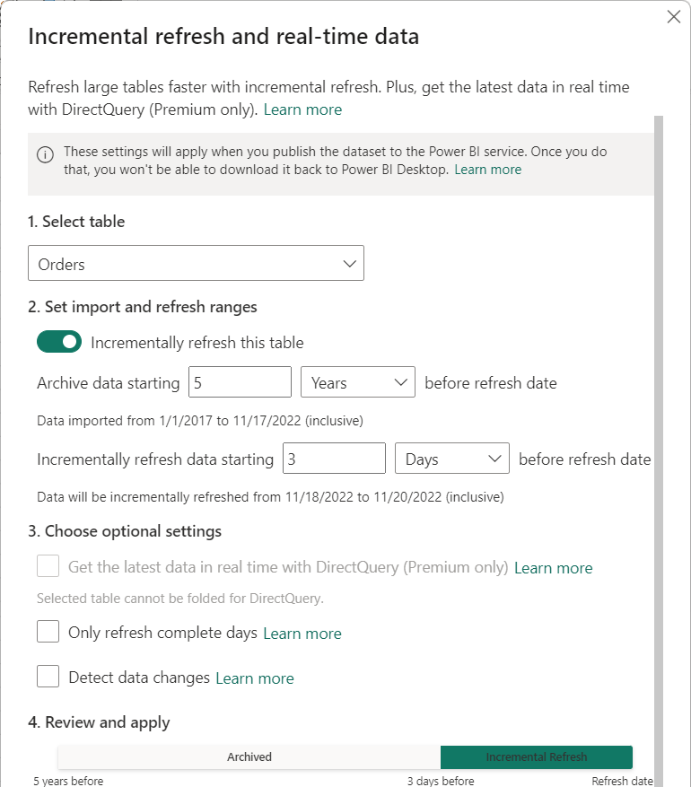 Screenshot of the Incremental refresh and real-time data dialog showing the Incrementally refresh this table option on.