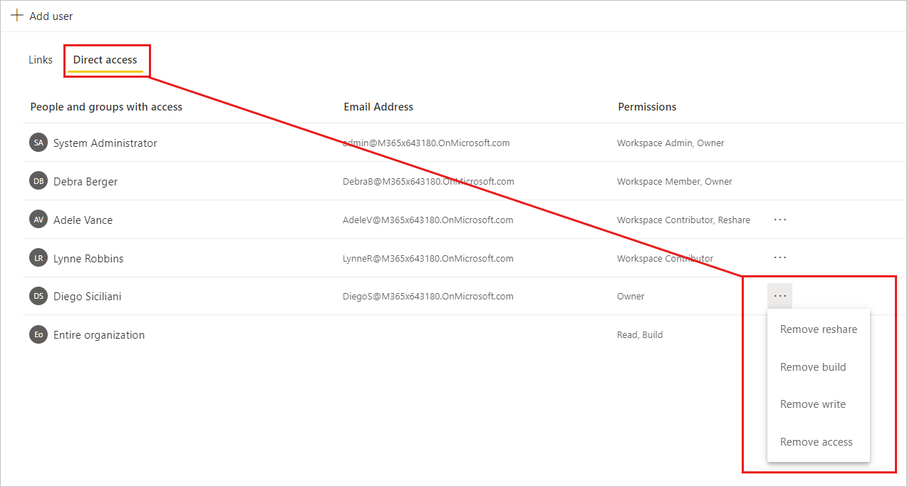 Screenshot of modifying permissions from the direct access tab on the semantic model manage permissions page.