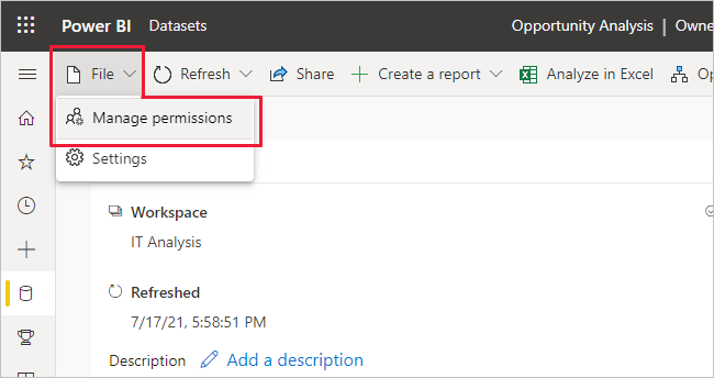 Screenshot of semantic model manage permissions page entry points on the semantic model info page.